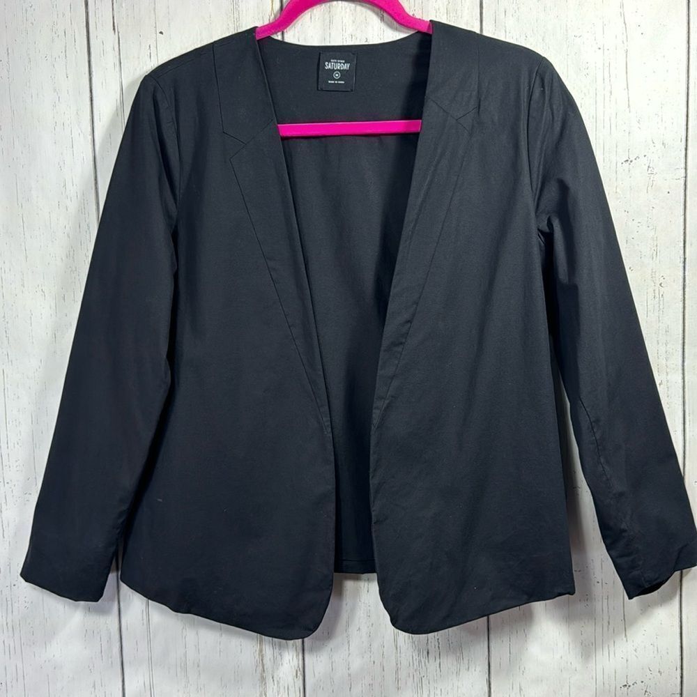 Kate Spade Saturday Black Cotton Open Front Blazer Womens Seamed Lapel Jacket